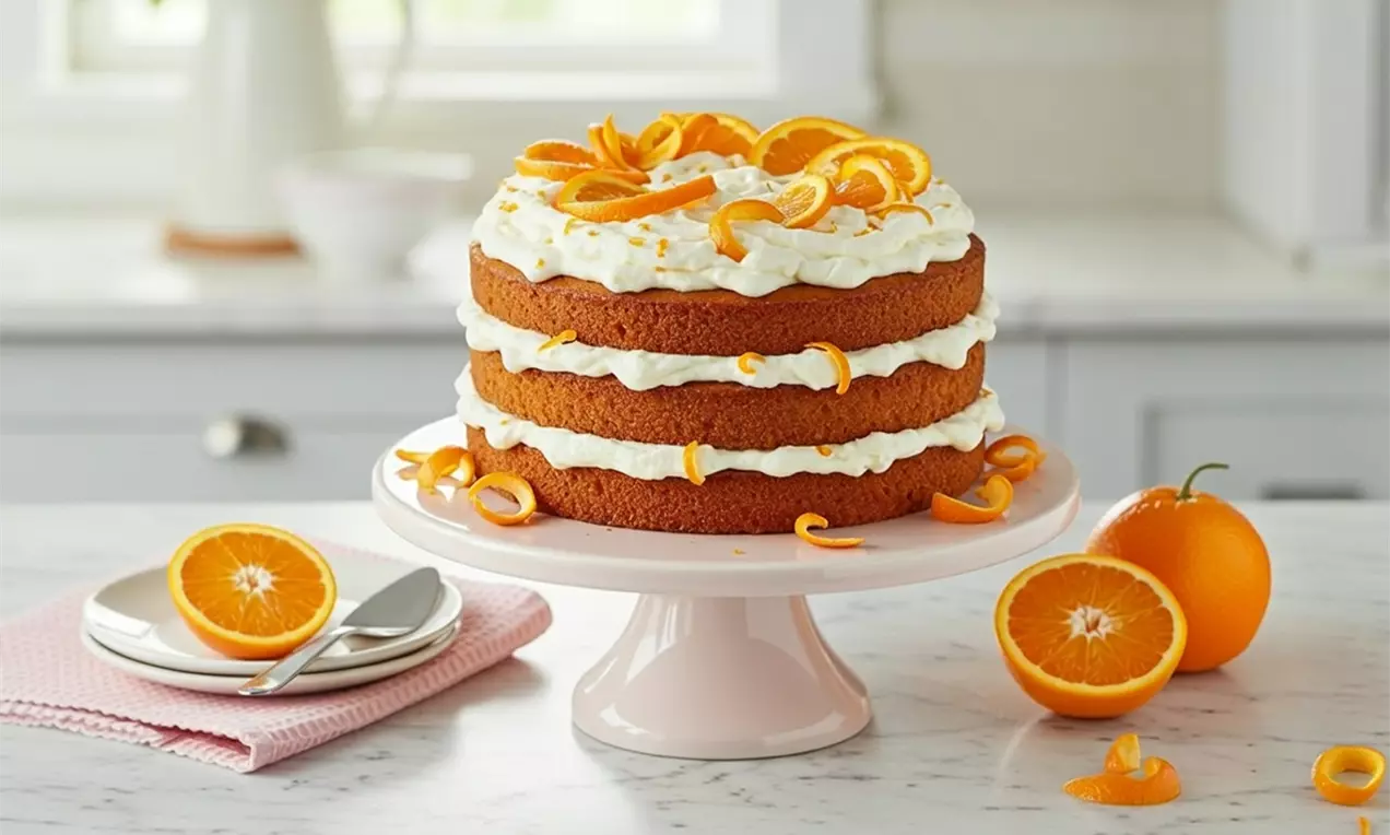 Three-layer Aperol Spritz cake with creamy pale topping, orange segments and zest curls, arranged on a white stand in a bright kitchen