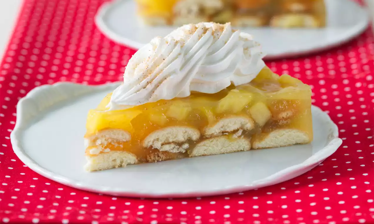 Trojúhelníkový kousek dortu se žlutým želé plným kousků jablek na sušenkovém základu, ozdobený šlehačkou posypanou skořicí na bílém talíři