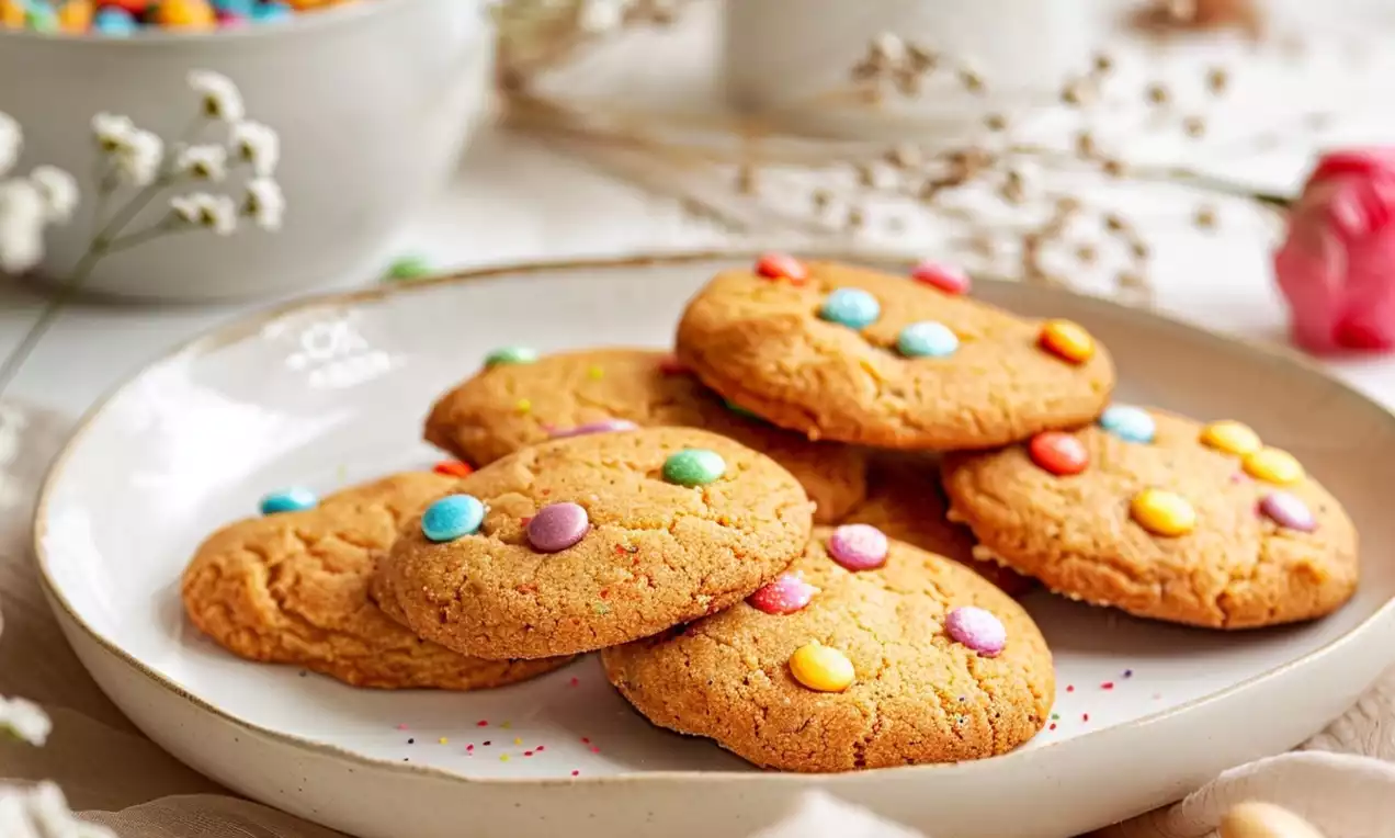 Cookies dourados com textura levemente crocante decorados com confeitos coloridos, dispostos em prato branco ao lado de flores delicadas