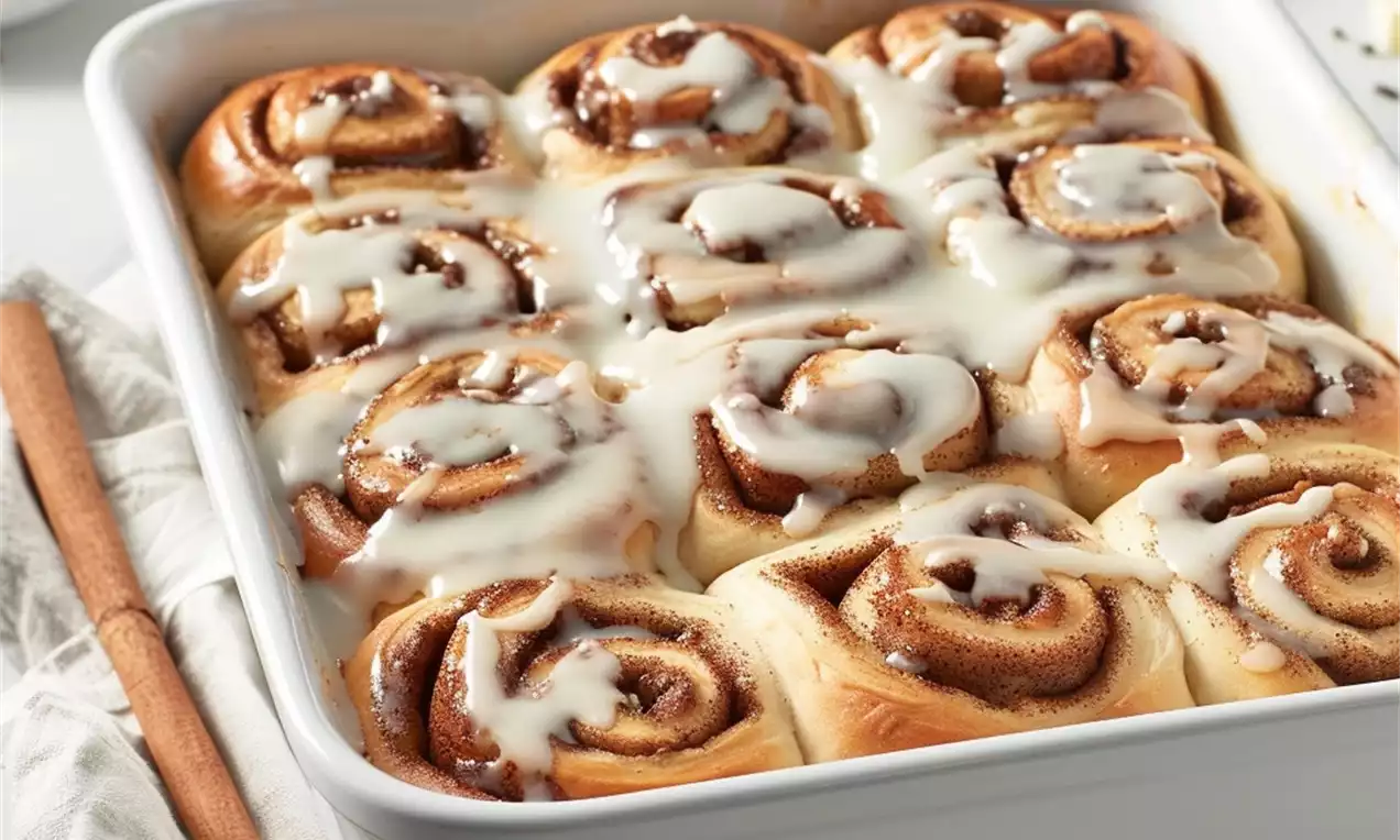 Golden-brown cinnamon rolls with spiraled layers, drizzled with glossy white icing in a white ceramic dish next to cinnamon sticks