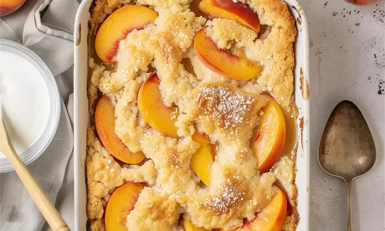 Cobbler doré aux pêches juteuses en tranches, avec une croûte croustillante saupoudrée de sucre dans un plat blanc sur une table ornée de pêches fraîches