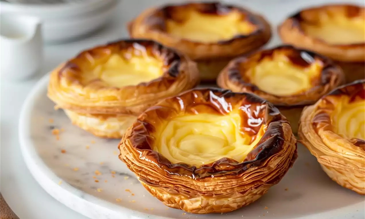 Pastéis de nata dorés avec une pâte feuilletée croustillante et une crème jaune brillante, disposés sur une assiette en marbre blanc