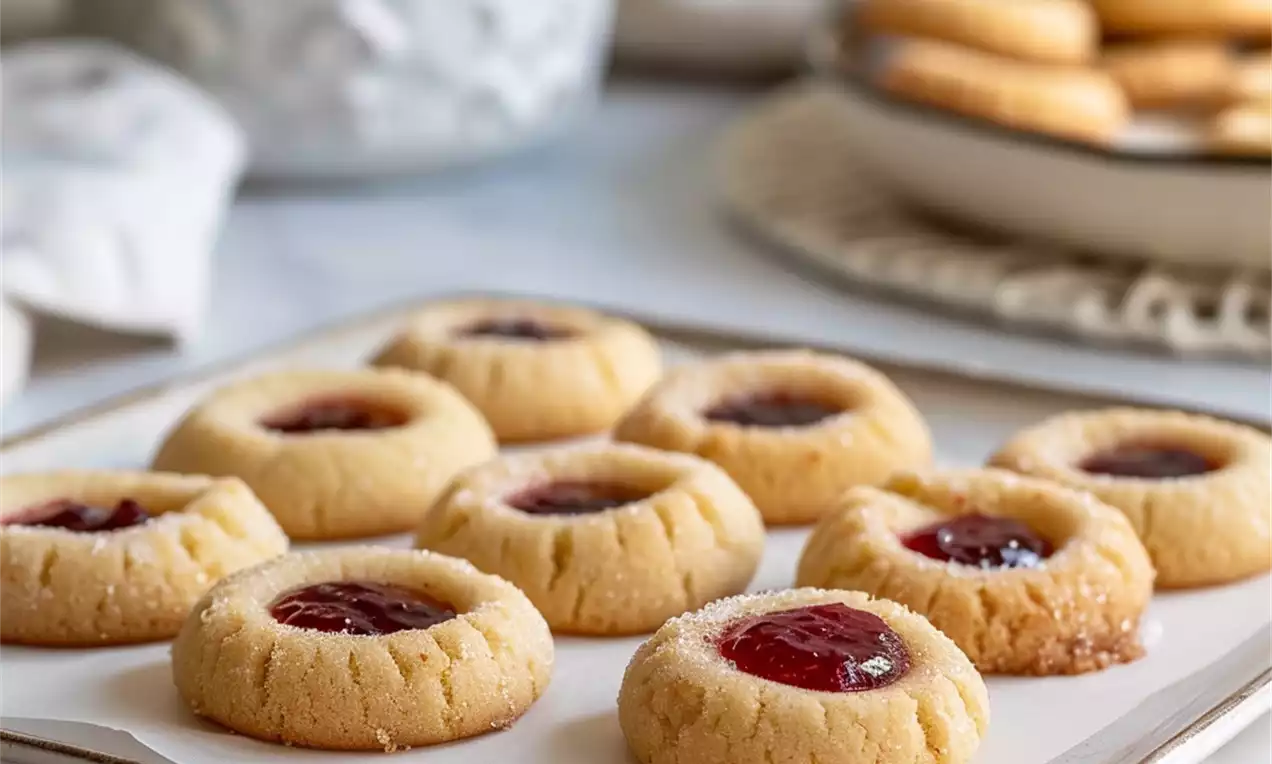 Biscuits ronds dorés aux bords légèrement craquelés garnis de confiture rouge brillante, disposés sur une plaque avec du papier cuisson