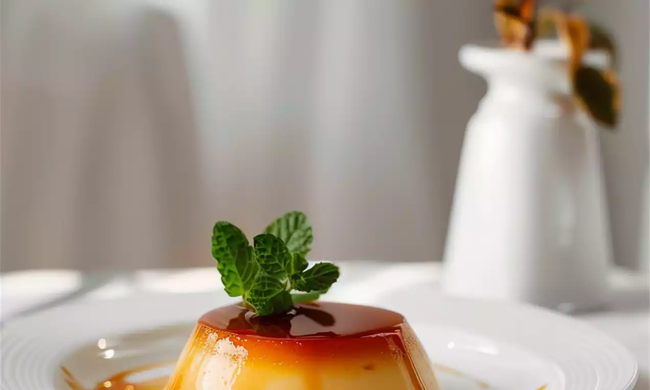 Flan au caramel doré et brillant sur une assiette blanche avec un nappage liquide ambré, décoré de feuilles de menthe fraîches