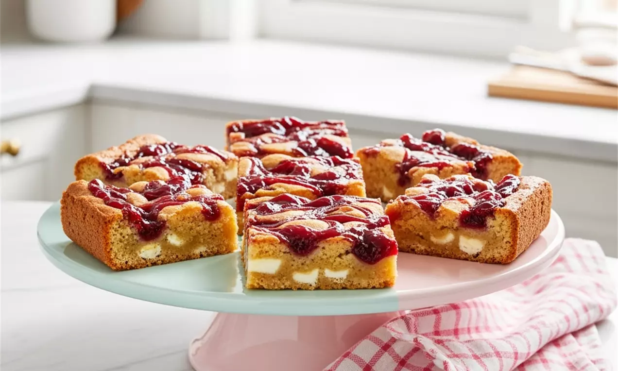 Golden blondies with a dense, soft texture topped with glossy red cherry jam, arranged in squares on a pastel cake stand