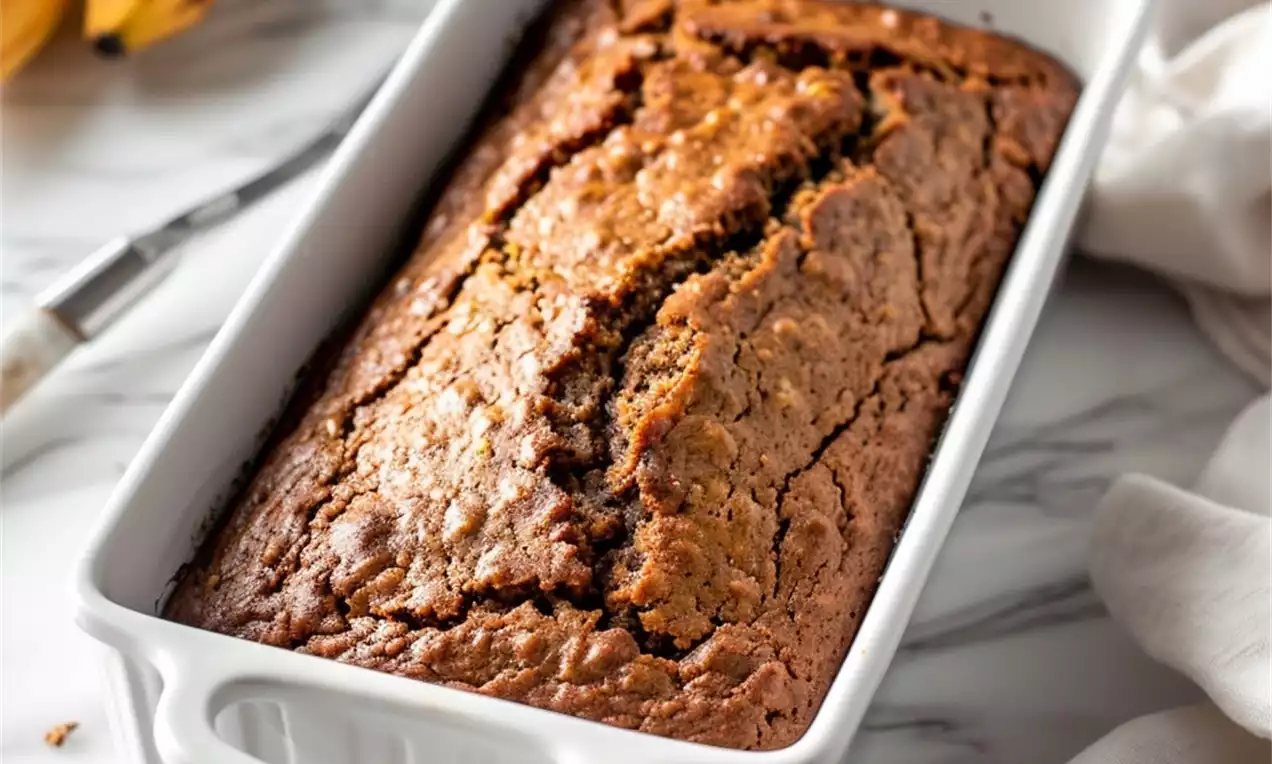 Pain à la banane vegan doré avec une texture moelleuse, fissuré sur le dessus, posé dans un moule blanc sur un plan de travail marbré