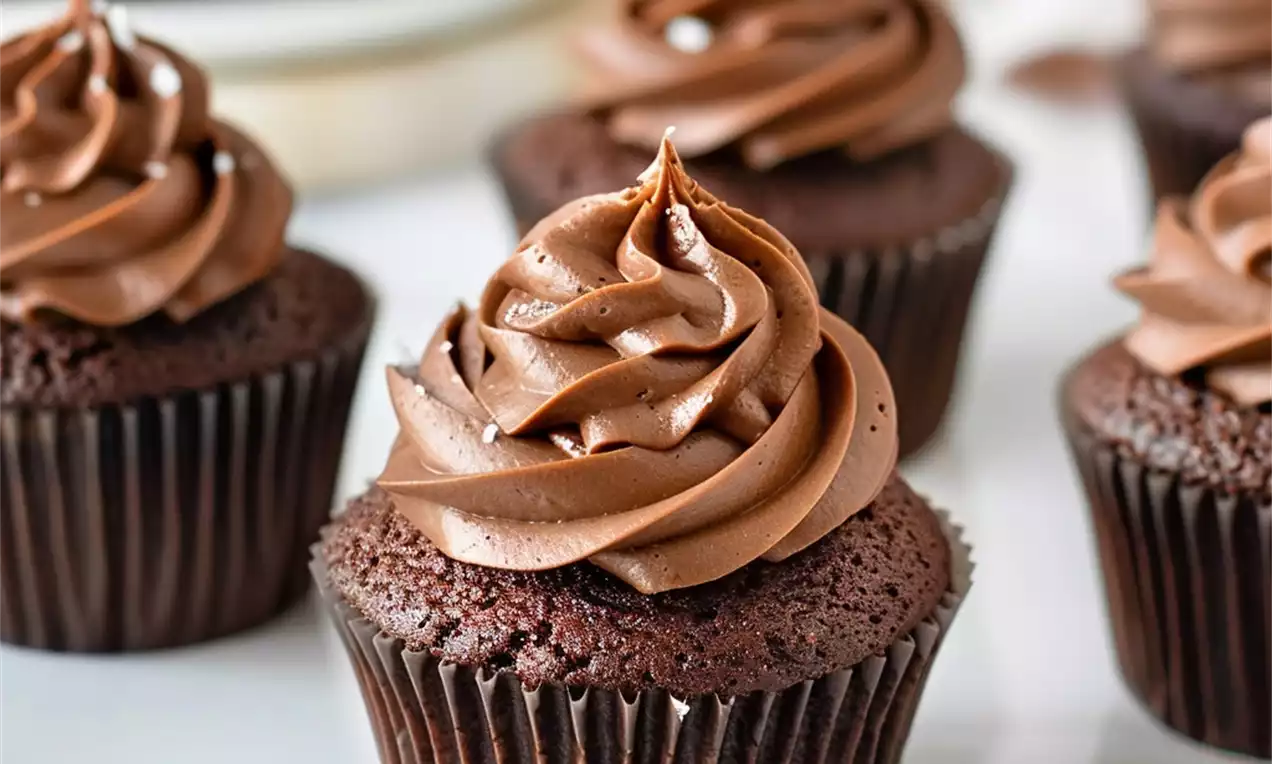 Chocolate cupcakes in dark brown wrappers topped with glossy swirls of milk chocolate frosting arranged on a white plate