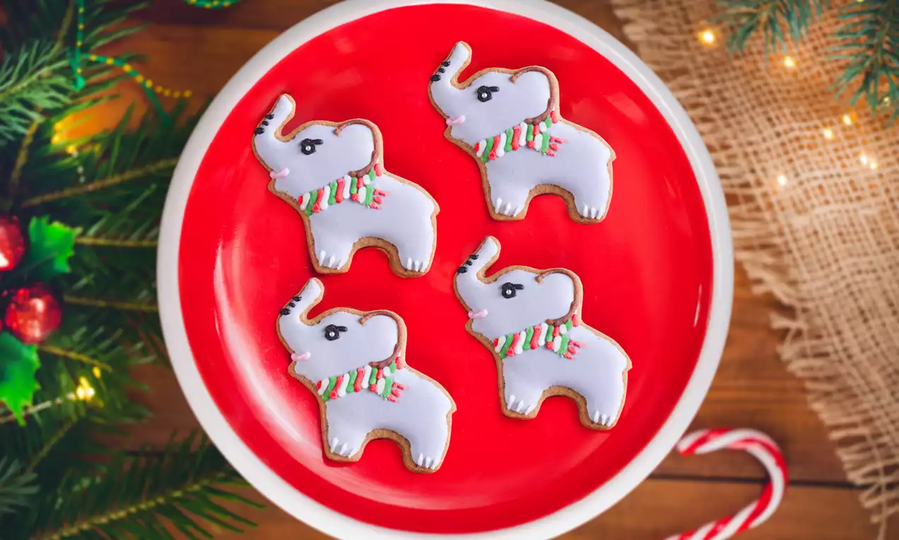 Pierniczki w kształcie słoni z białym lukrem i kolorowymi szalikami, ułożone na czerwonym talerzu otoczonym świątecznymi dekoracjami