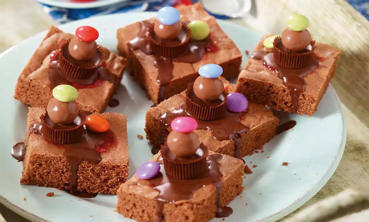 Eckige Stücke aus schokoladenbraunem Kuchen, garniert mit geschmolzener Schokolade, Schokokonfekt und bunten Schokolinsen auf weißem Teller