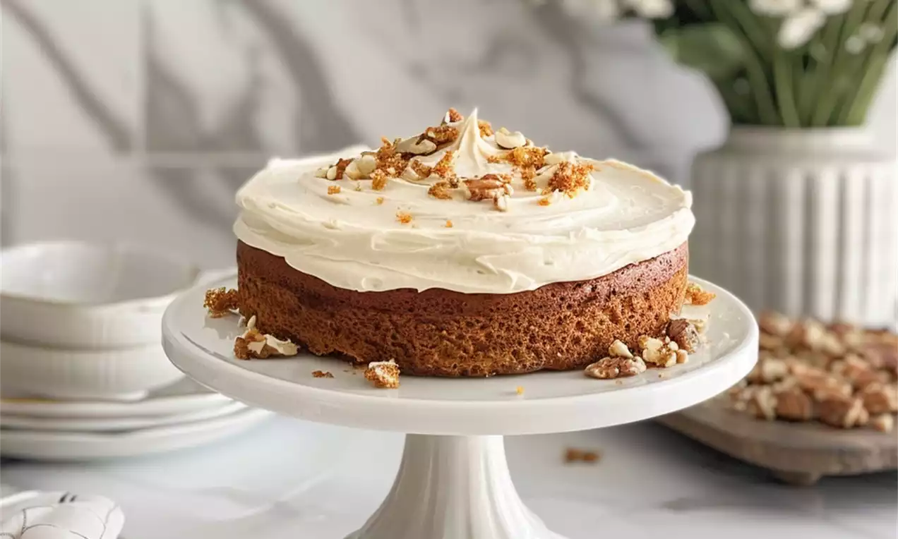 Carrot cake rond et moelleux, nappé de crème épaisse ivoire, parsemé de morceaux de noix sur un présentoir blanc, décoré avec des fleurs