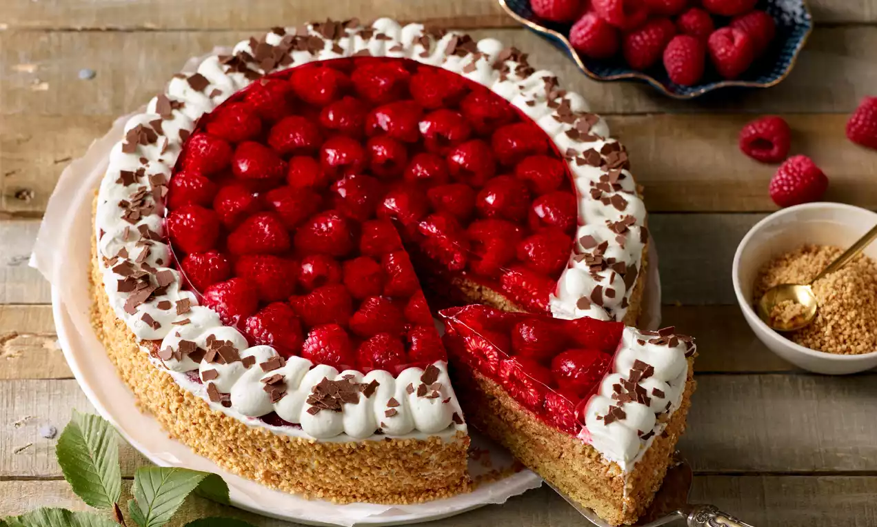 Himbeertorte mit leuchtend rotem Himbeerbelag, weißer Sahnehaube, Schokoraspeln und hellem Keksboden auf einem Teller serviert.