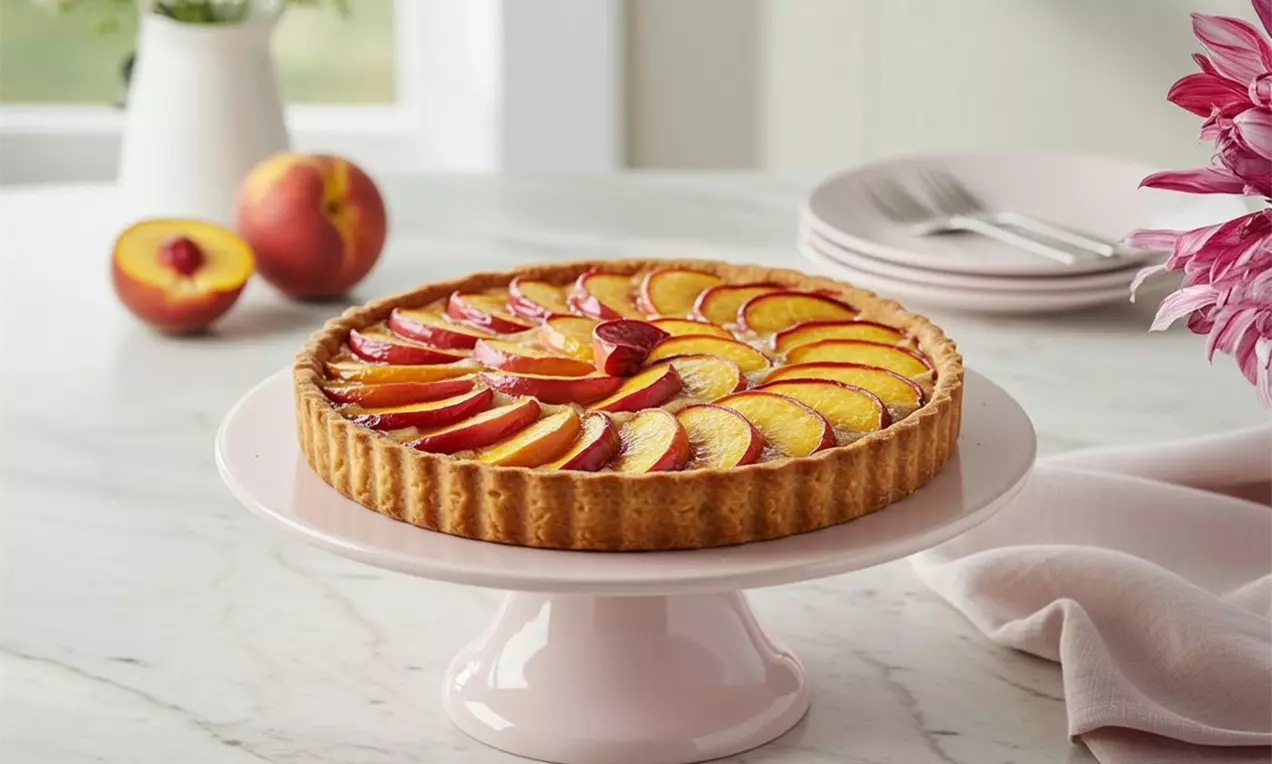 Golden-brown tart with a fluted crust topped with overlapping peach slices in warm hues, on a pale pink cake stand with soft folds of fabric nearby