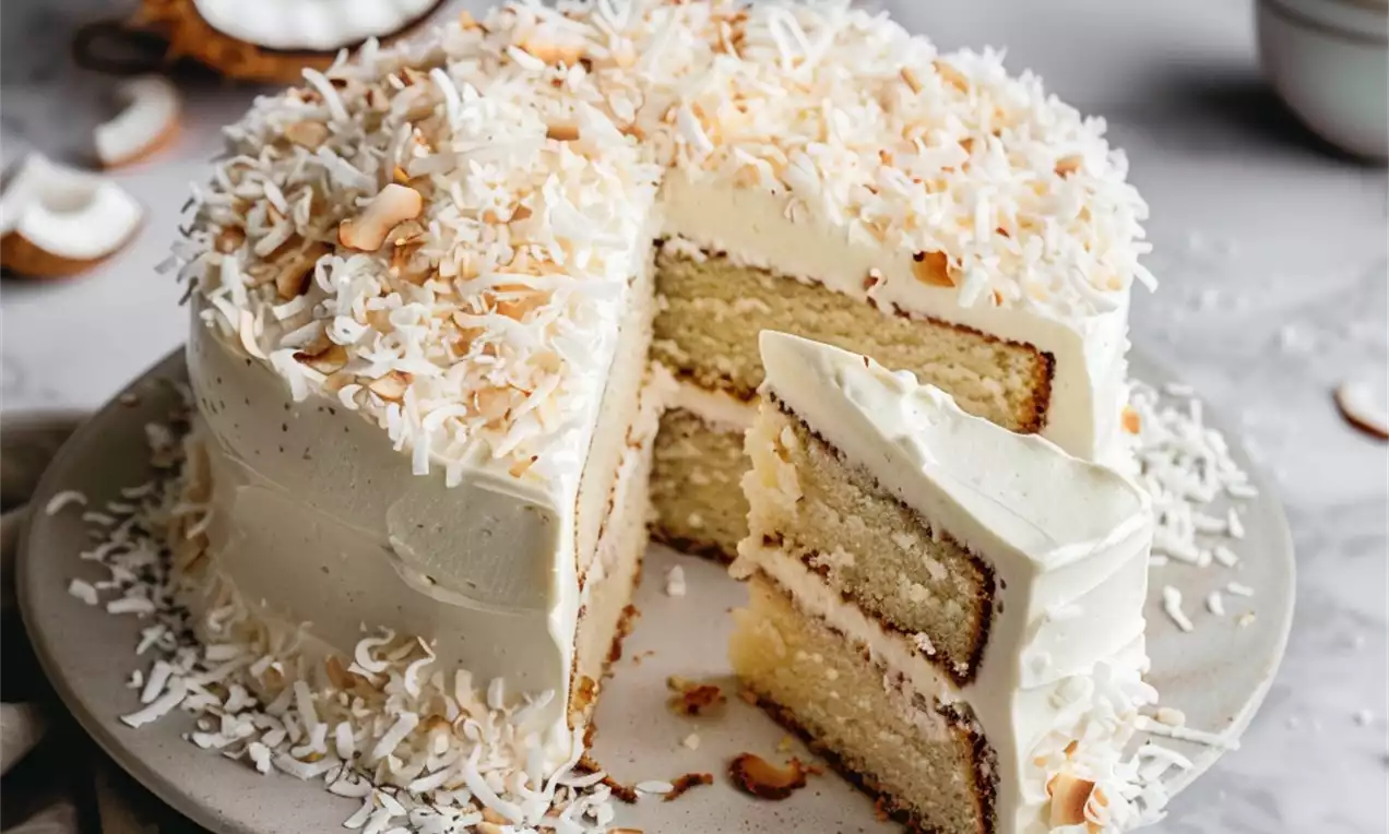 Gâteau blanc à la noix de coco à trois étages avec glaçage crémeux, morceaux de noix de coco râpée et tranches posées sur une assiette