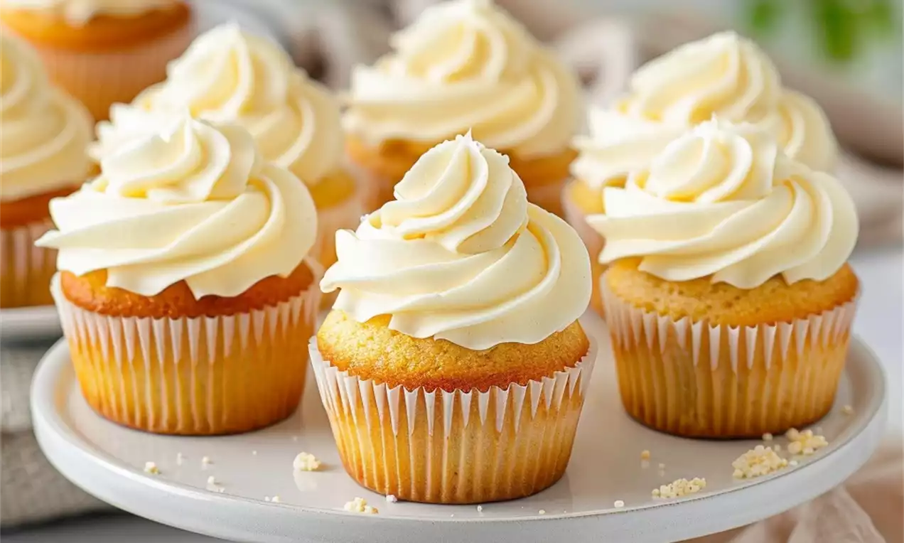 Golden cupcakes with rippled swirls of creamy white frosting arranged on a pale gray cake stand with scattered crumbs