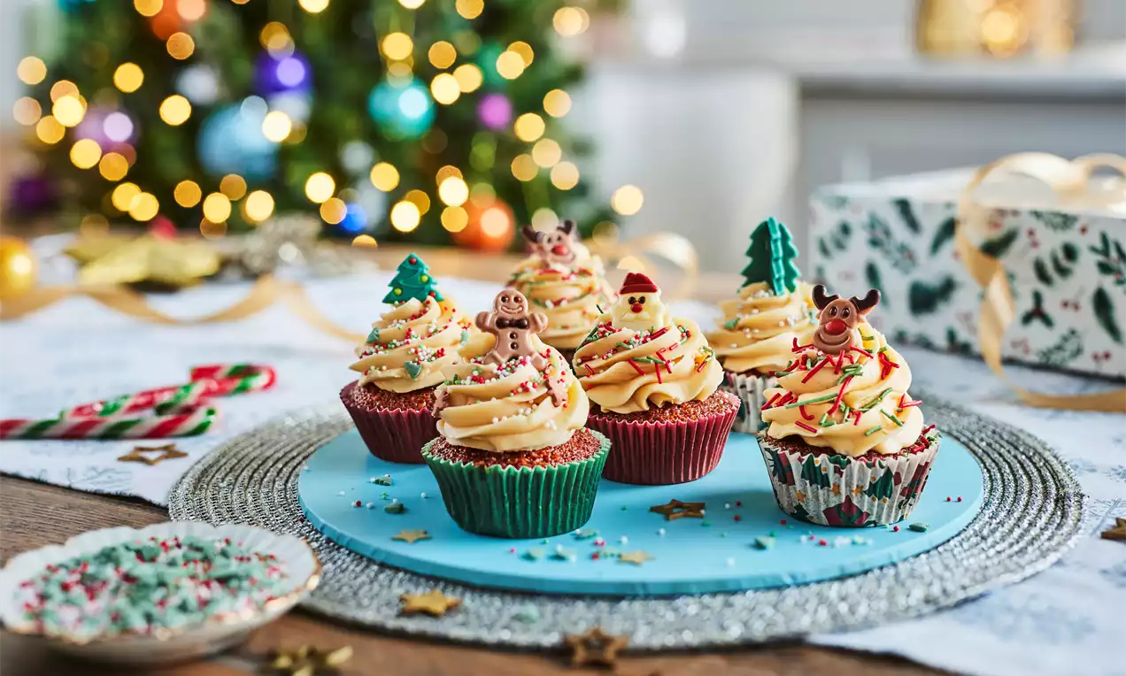 Festive cupcakes with swirls of pale golden frosting, colourful sprinkles, Christmas toppers, on a blue plate with holiday decorations