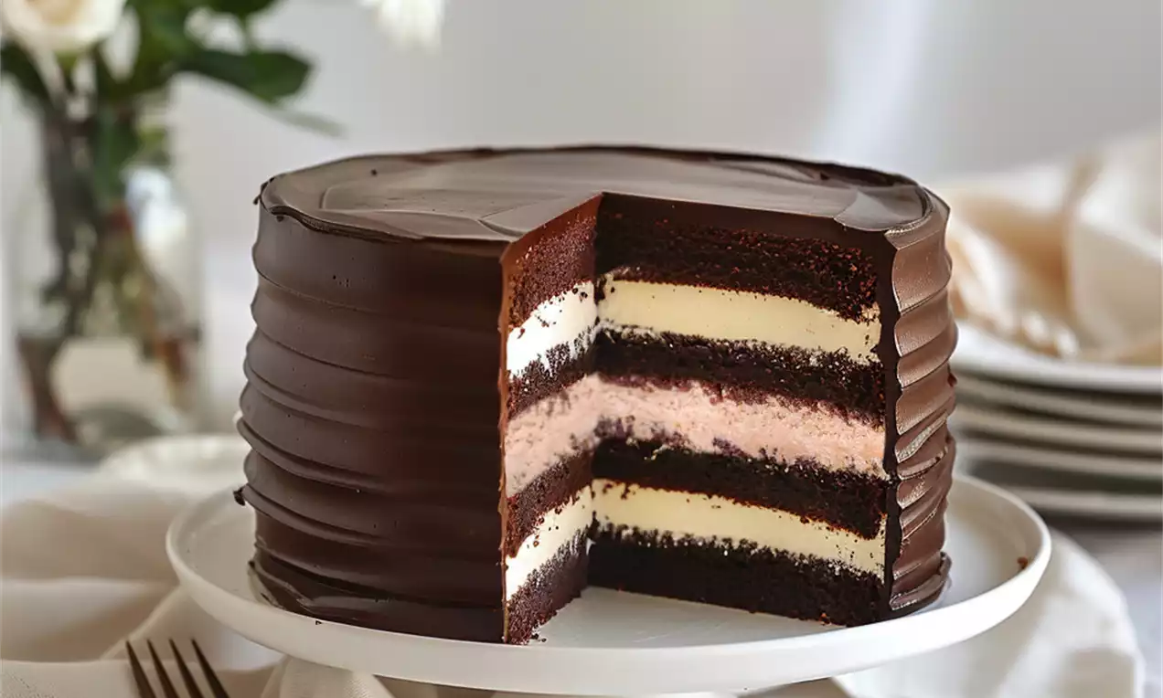 Gâteau Tuxedo en couches de chocolat brillant, crème blanche et rose, posé sur un support blanc avec un fond de fleurs et vaisselle
