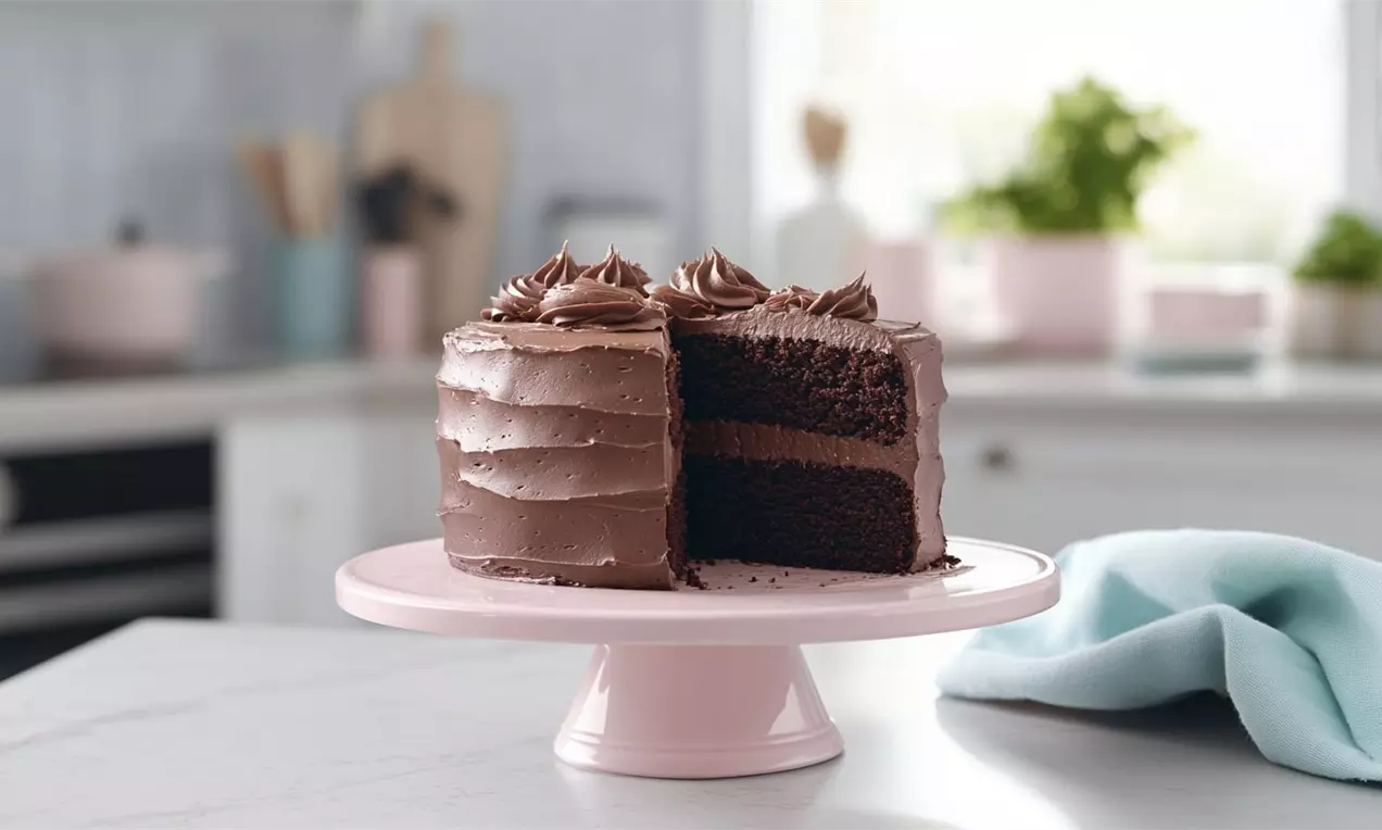 Rich chocolate cake with two moist, dark layers, smooth chocolate frosting, piped swirls on top, presented on a pink cake stand in a bright kitchen