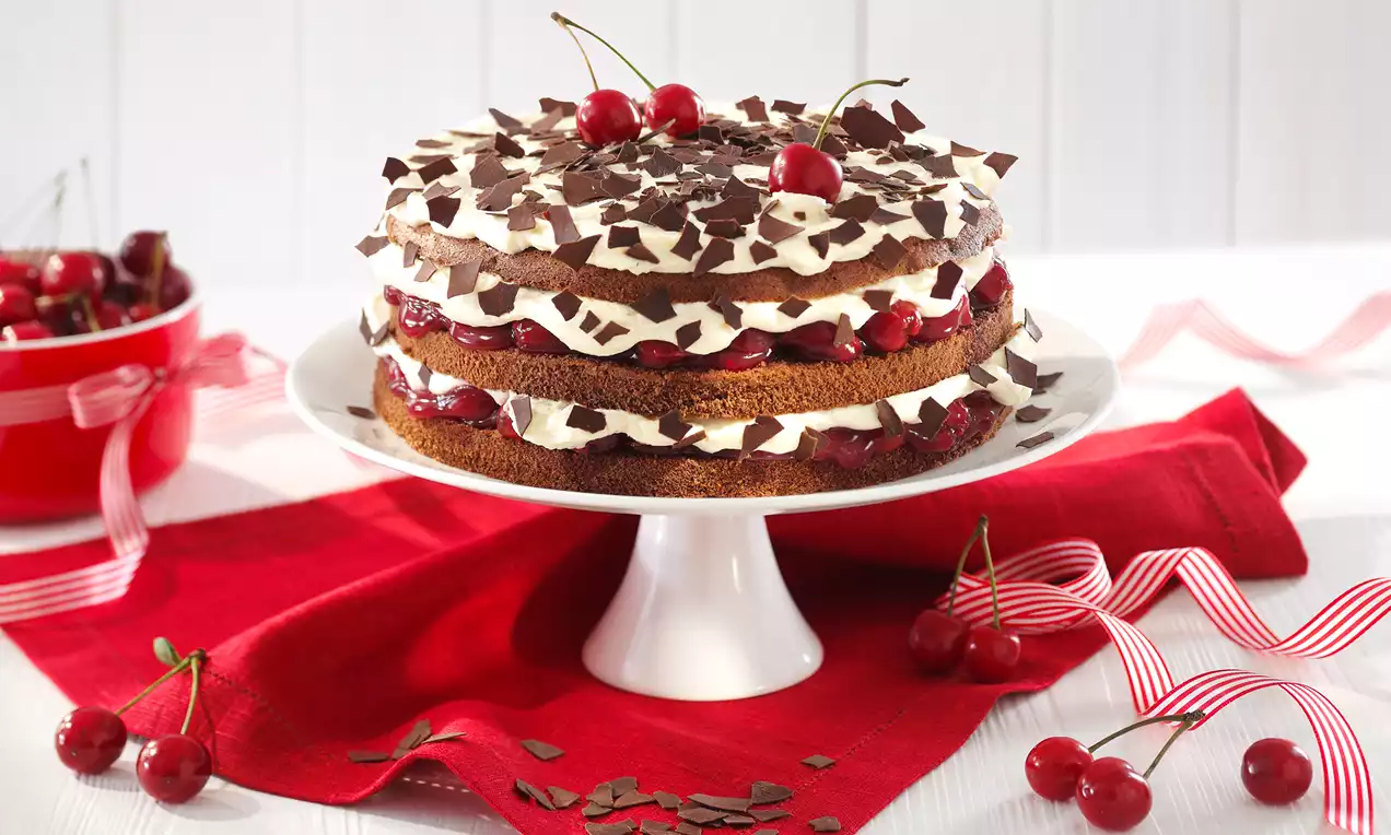 Kleine Torte mit braunen Schokoböden, weißen Sahneschichten, roten Kirschen und Schokosplittern auf weißer Platte, dekoriert mit frischen Kirschen