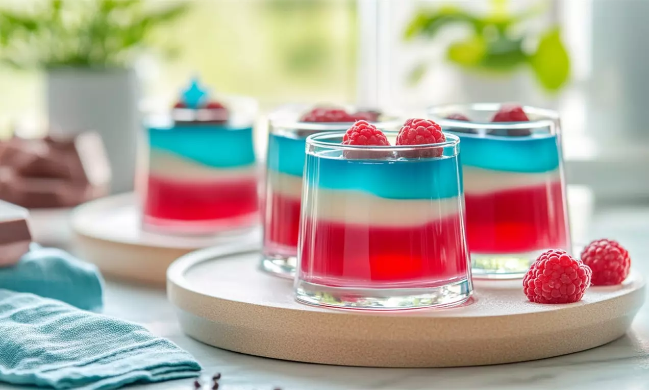 Vivid layered jelly in red, white, and blue hues set in clear glasses, topped with fresh raspberries on a wooden tray