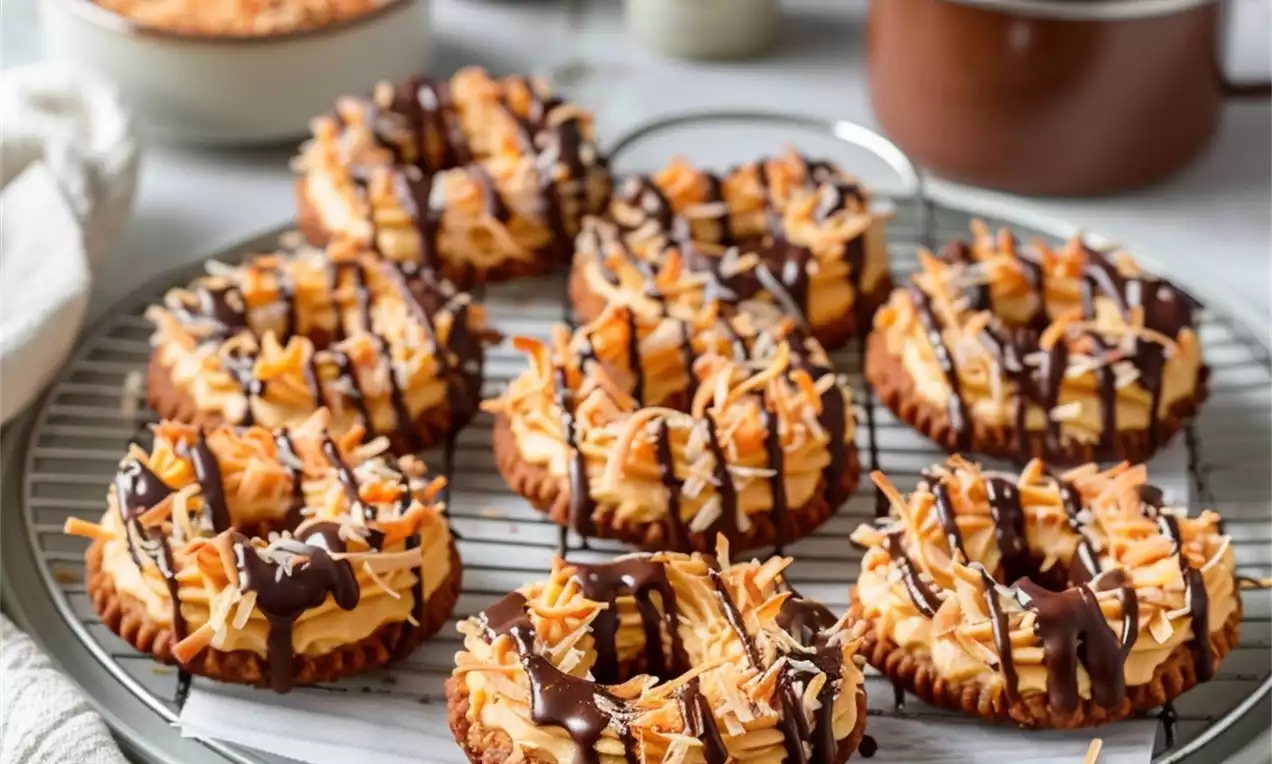 Biscuits circulaires brun doré enrobés de caramel, garnis de noix de coco râpée et de filets de chocolat noir sur une grille