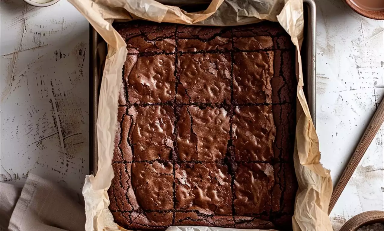 Chocolate brownies with a crackly top, cut into squares, resting in parchment-lined pan surrounded by eggs, cocoa, butter, and flour
