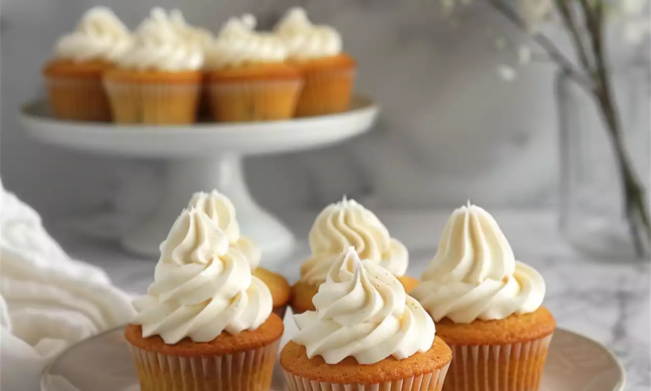 Vanilla cupcakes with golden brown bases and swirls of creamy white frosting on a plate, with more cupcakes on a white cake stand behind