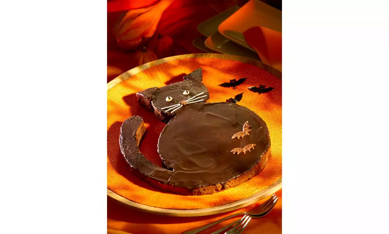 Gâteau en forme de chat noir avec glaçage chocolat brillant, moustaches blanches et décor de chauves-souris sur assiette orange chaude
