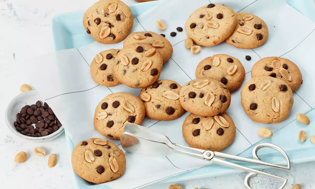 Runde Schoko-Erdnussbutter-Cookies mit goldbrauner Oberfläche, dunklen Schokodrops und ganzen Erdnüssen auf weißem Backpapier in einer hellblauen Schale