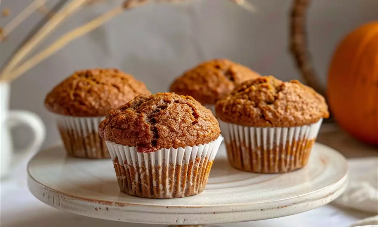 Muffins moelleux couleur brun doré au sommet craquelé disposés sur un plat sur pied crème, avec des touches automnales en arrière-plan