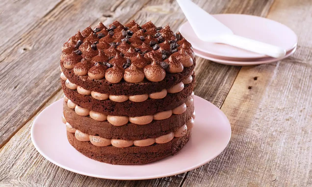 Üç katlı kakaolu pasta, katlar arasında ve üstünde sıkma koyu kahverengi kremalarla süslenmiş, pembe bir tabakta sunulmuş