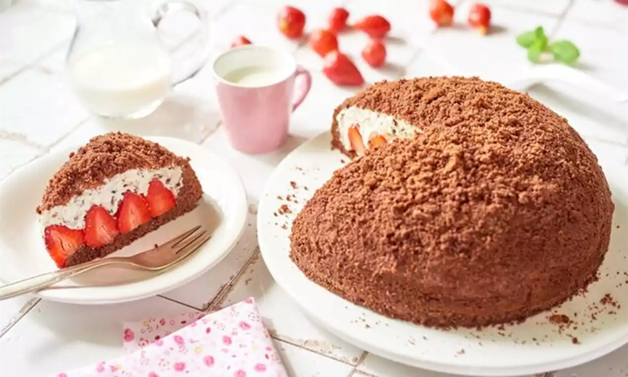 Krtkův dort s nadýchaným kakaovým povrchem, uvnitř světlý krém s čerstvými jahodami, podávaný na talíři vedle šálku bílé kávy