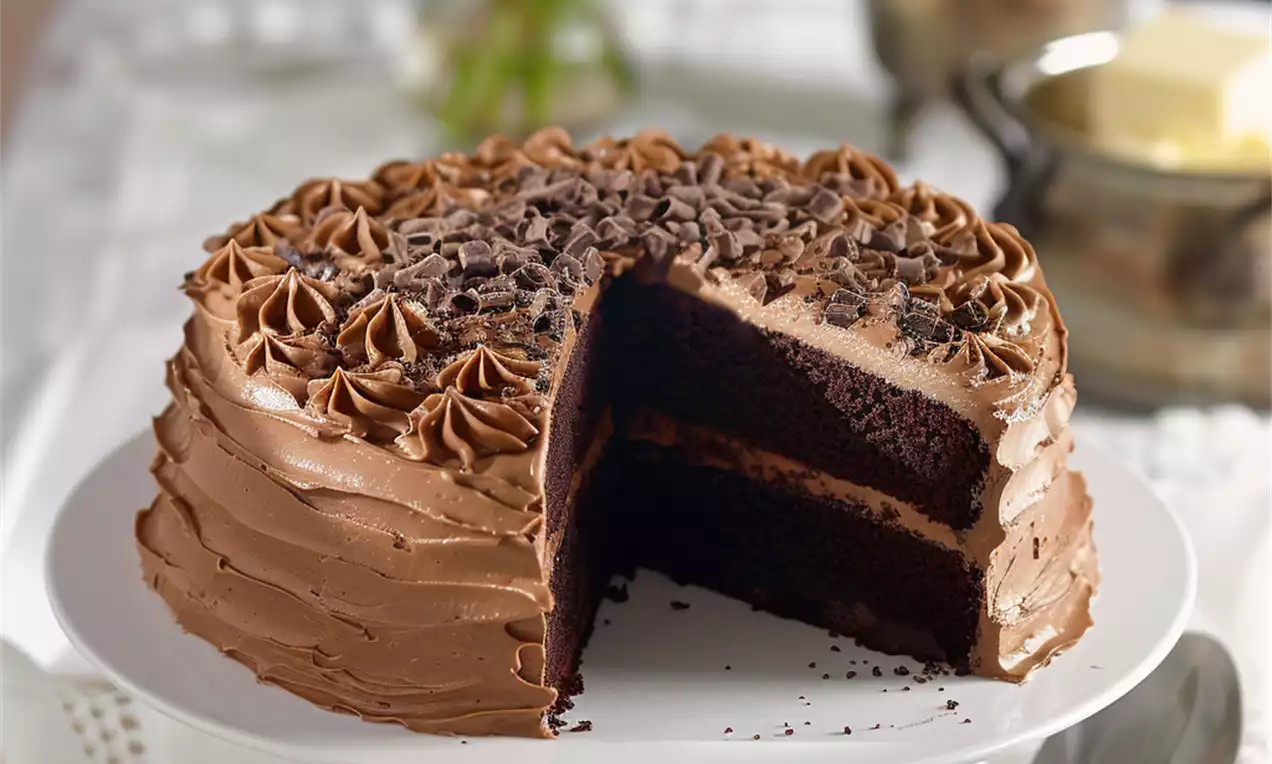 Gâteau au chocolat marron foncé à trois couches garni de crème chocolatée et copeaux sur un plat blanc avec une théière en arrière-plan