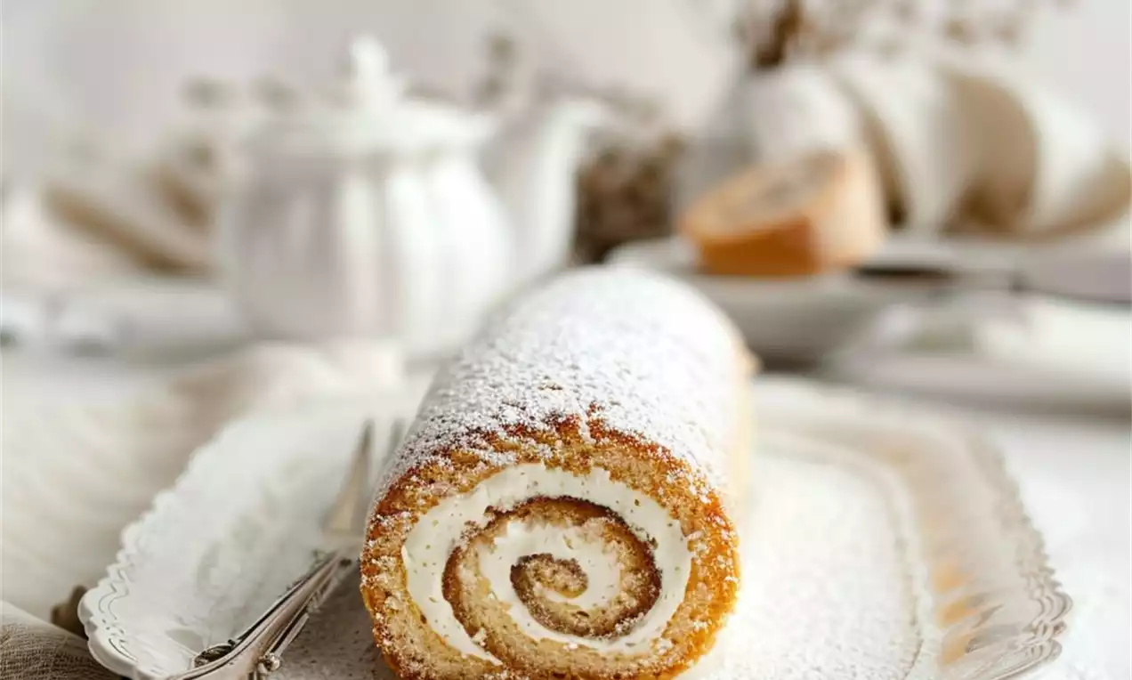 Biscuit roulé doré aux volutes de crème blanche, saupoudré de sucre glace sur un plat en porcelaine avec des couverts argentés