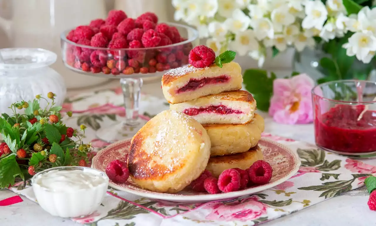 Golden, fluffy pancakes with a jam filling, dusted with powdered sugar, surrounded by fresh raspberries on a floral plate