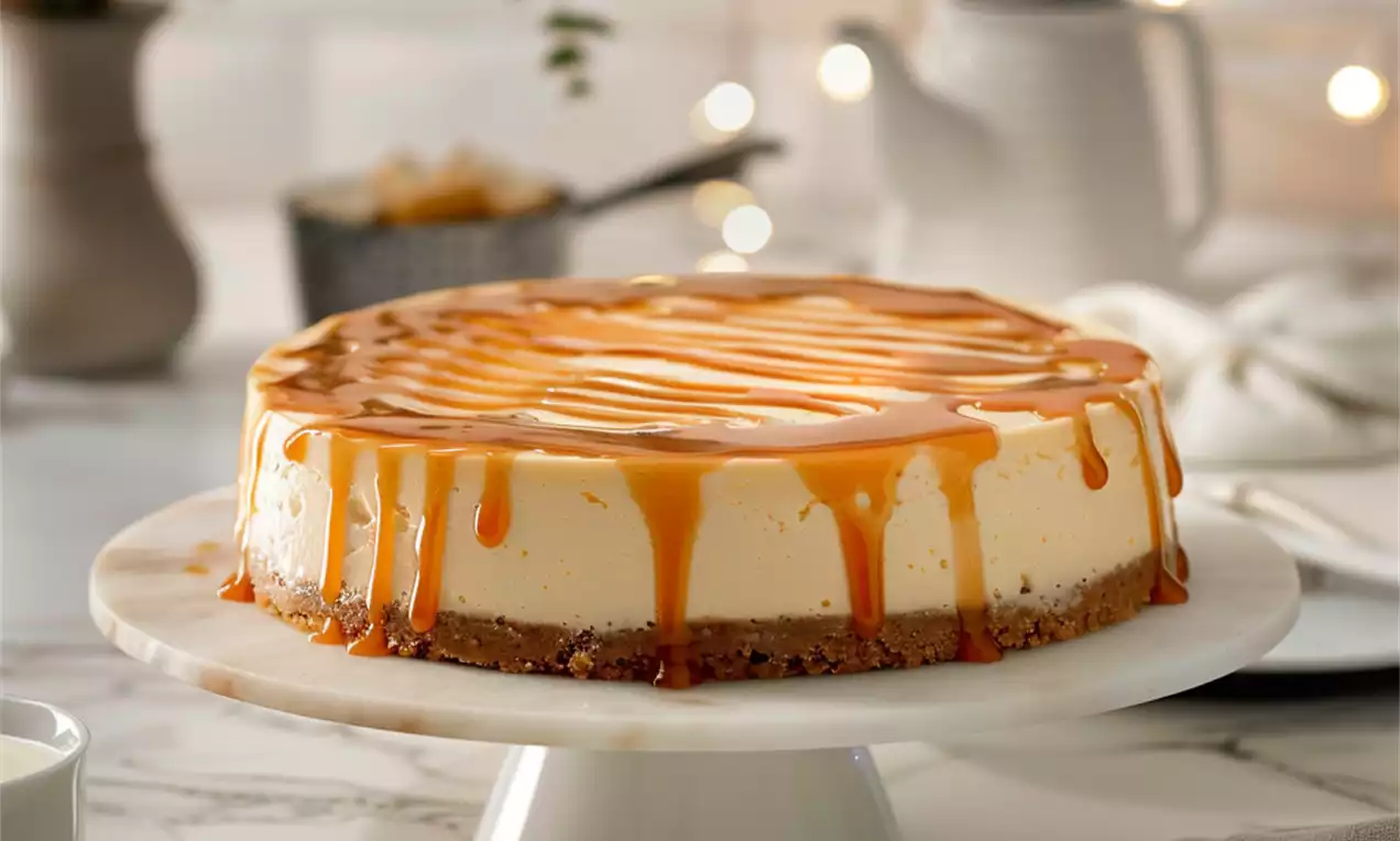 Cheesecake au caramel coulant doré sur une base biscuitée brune posé sur un plat blanc, entouré de lumière douce et décorations neutres