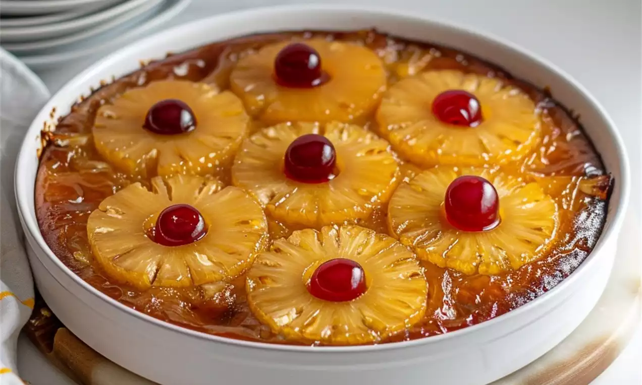 Gâteau renversé doré avec des rondelles d'ananas caramélisées et des cerises rouges au centre sur un plat rond blanc sur une table en marbre