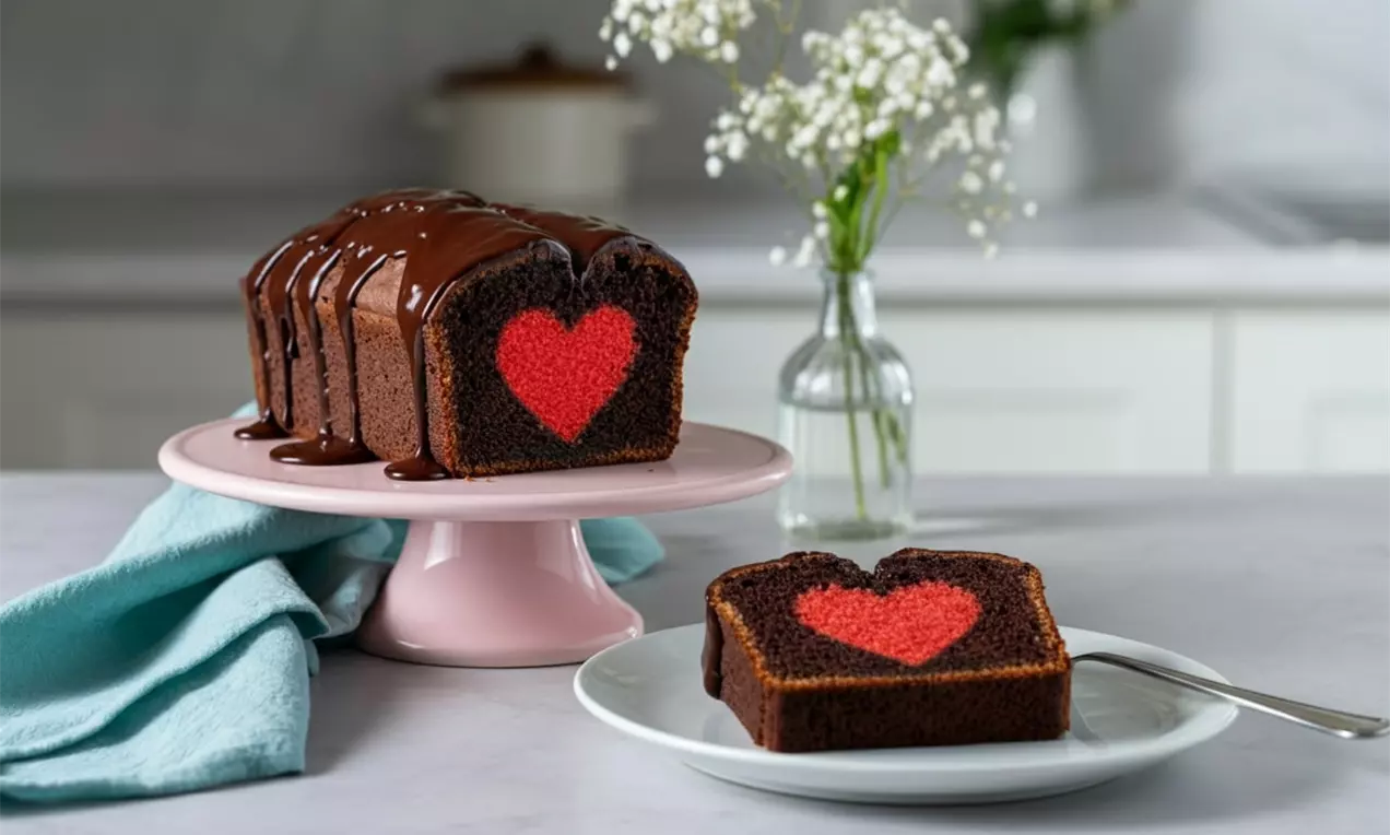 Chocolate loaf cake sliced to reveal a bright red heart-shaped center, glossy chocolate glaze dripping, set on pastel pink cake stand