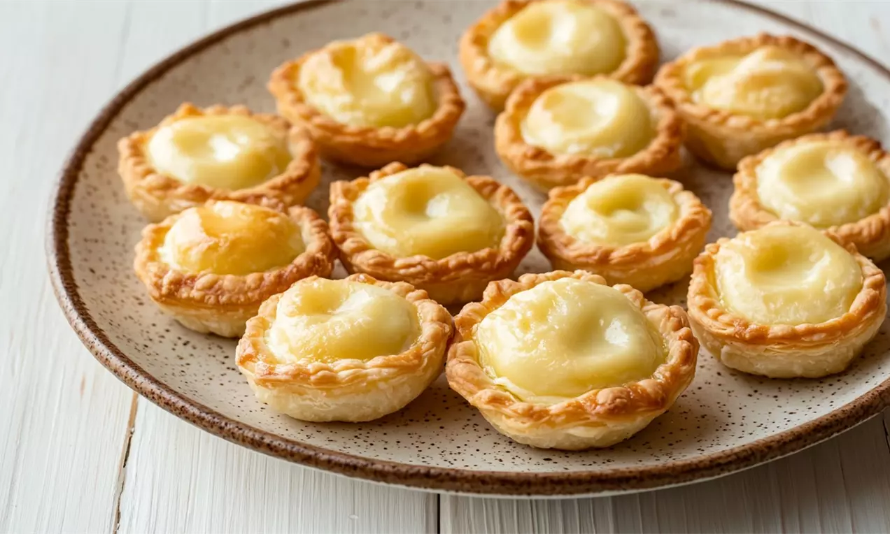 Pequenas empadas douradas de massa crocante com recheio cremoso amarelo-claro, dispostas em um prato rústico sobre superfície de madeira clara