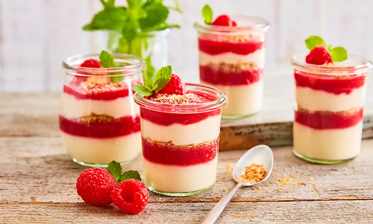 Low Carb Dessert mit cremiger Kokosmasse, frischen roten Himbeeren, Kokosraspeln und Minzblatt in kleinem Glas