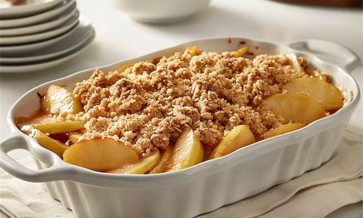 Pommes dorées et juteuses sous une couche de crumble croustillant brun clair dans un plat en céramique blanche sur un linge crème