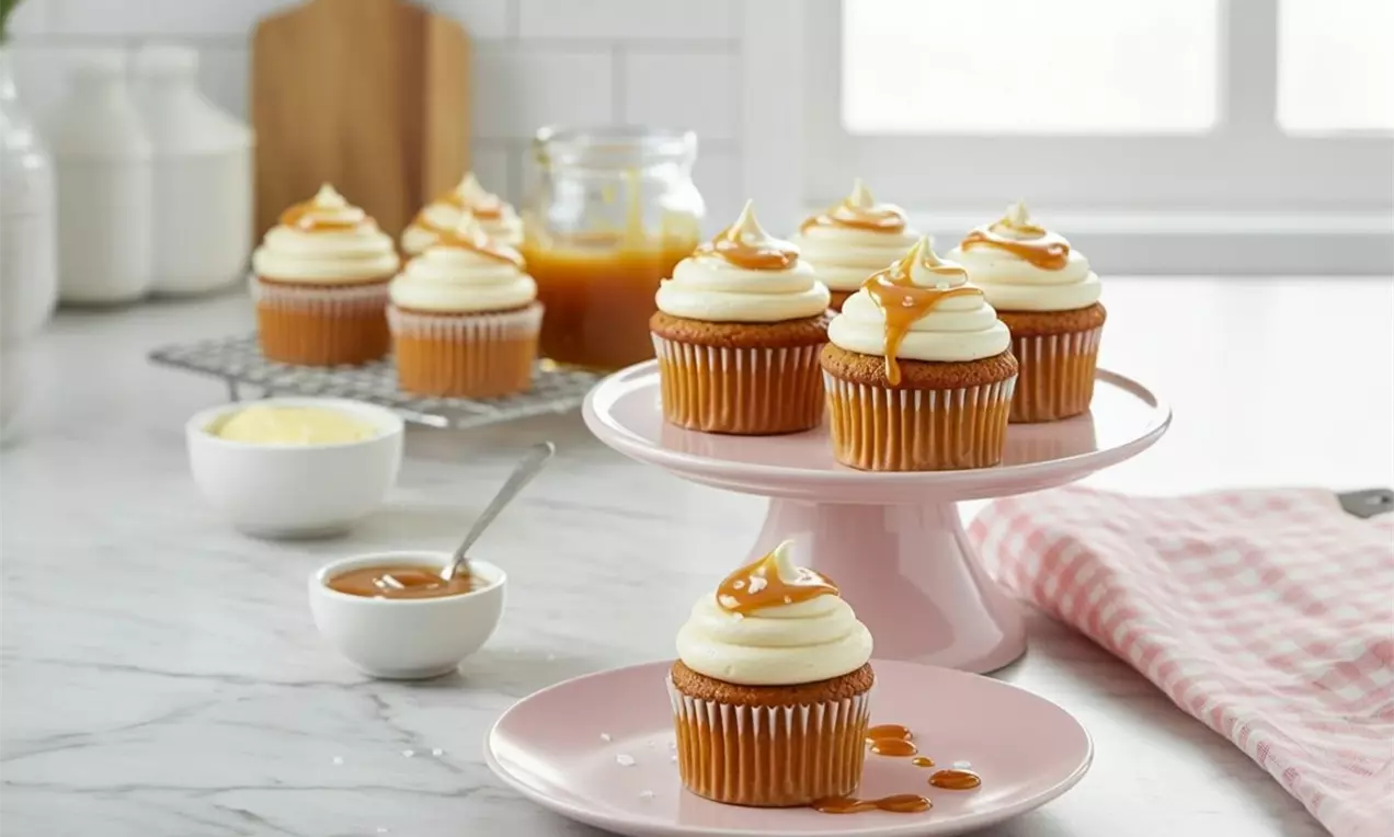 Golden brown butter muffins topped with smooth white frosting and drizzled caramel, arranged on pink plates and a stand in a bright kitchen