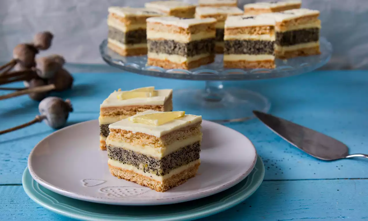 Makovo-medové kostky s vrstvičkami tmavého máku, světlého piškotu a světlého krému, zdobené plátky citronu na porcelánovém talíři