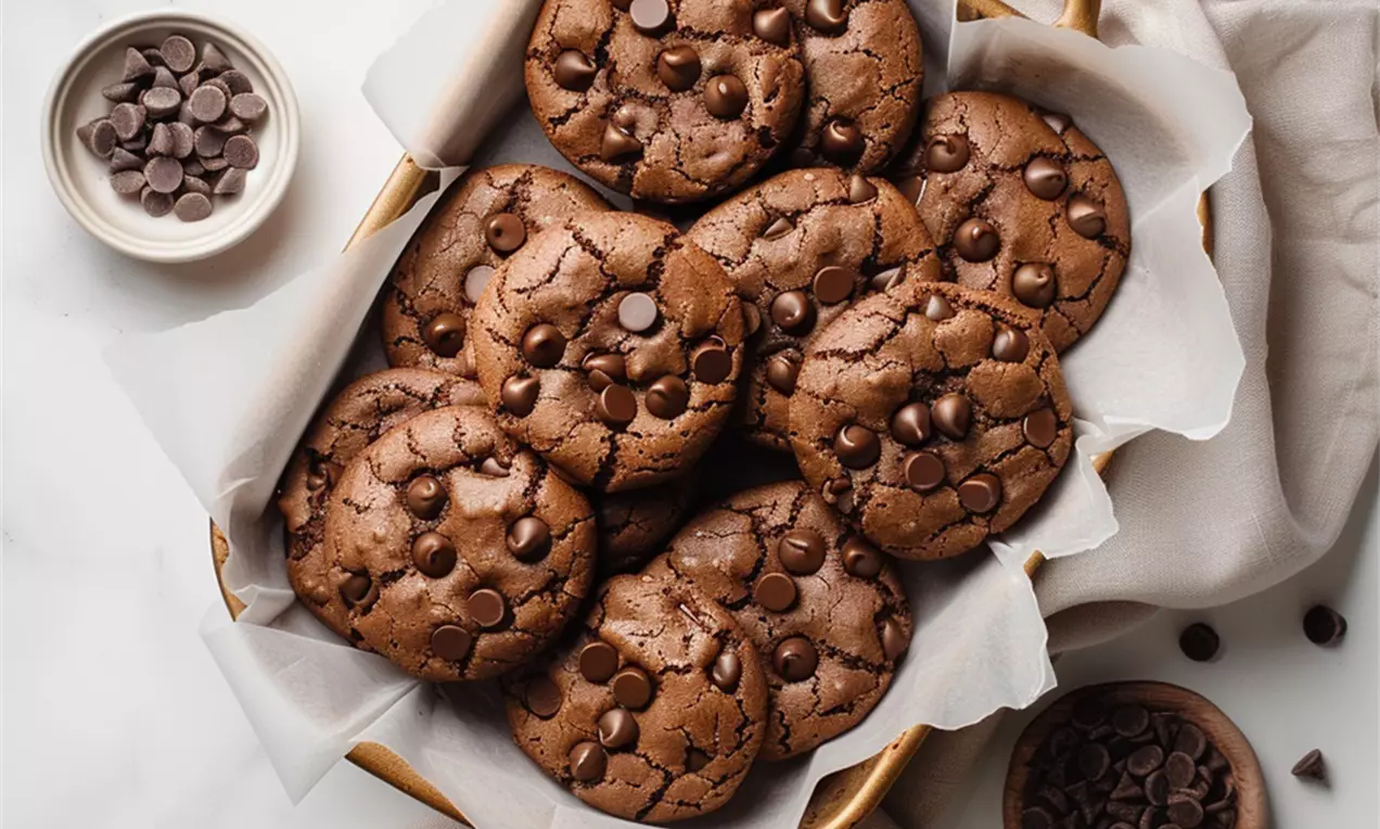 Temno rjavi, rahlo razpokan piškoti z vdelanimi čokoladnimi kapljicami, razporejeni v košarici na belem papirju s kremasto tkanino ob strani