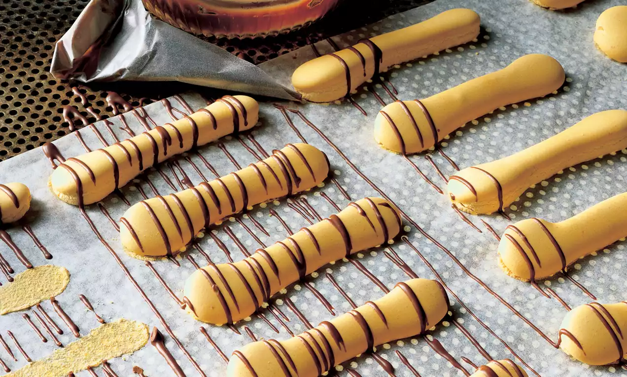 Zlatnožuti biskviti izduženog oblika na papiru za pečenje, prošarani tamnim čokoladnim linijama s metalnom glazurom u pozadini