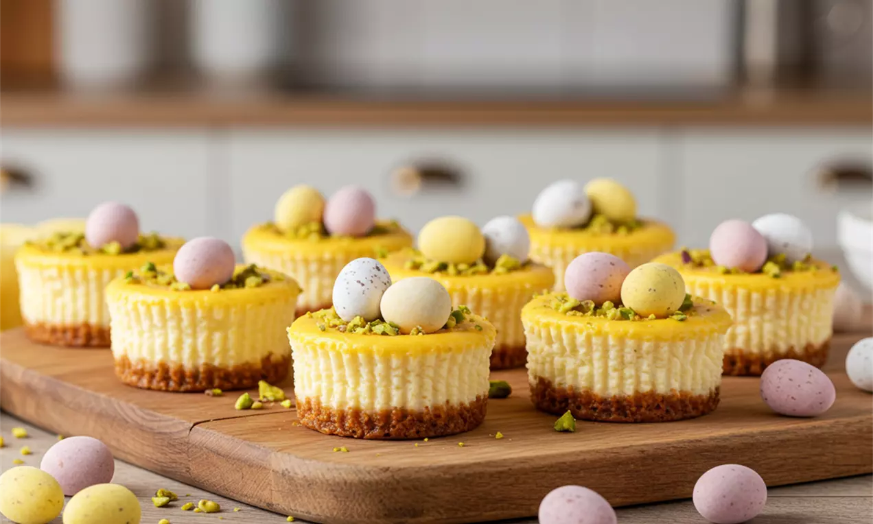 Gelbe Oster-Cheesecakes mit Pistazien und pastellfarbenen Schokoladeneiern, auf einem Holzbrett arrangiert und von weiteren Eiern umgeben