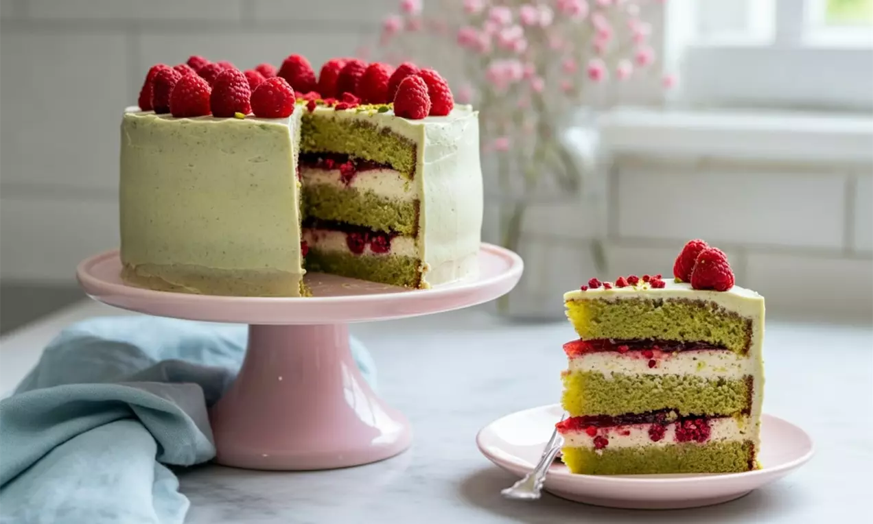 Layered pistachio sponge cake with raspberry filling and pale green cream, topped with fresh raspberries on a pink pedestal plate