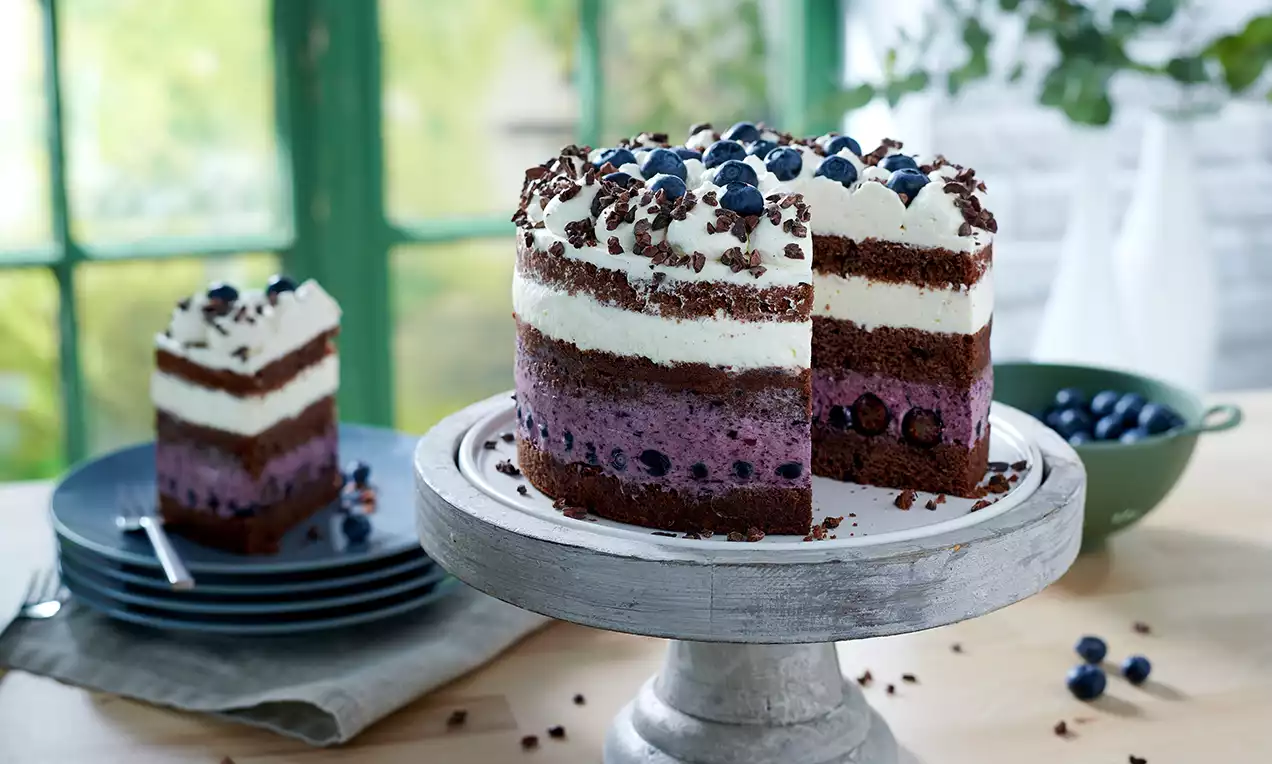 Auf einer rustikalen Tortenplatte eine kleine mehrschichtige Heidelbeer-Joghurt-Schokotorte mit Sahnecreme und frischen Heidelbeeren verziert